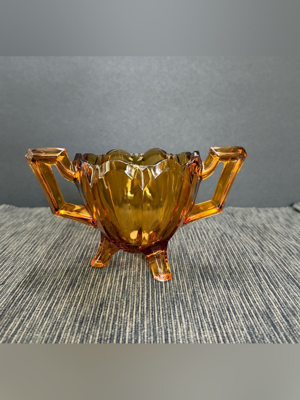 Vintage Amber Pressed Glass Footed Sugar Bowl with Handles (MCM)